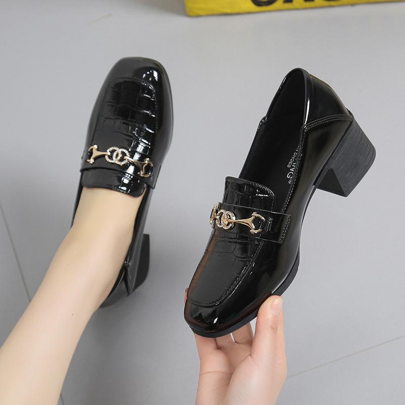 Loafers Women'S British Style High Heel Patent Leather Small Leather Shoes Spring And Autumn Square Head Single Shoes Work Shoes
