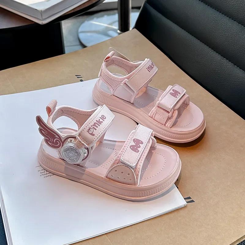 Children Open Toes Shoes with Rotating Button Sweet Wings 2025 Summer New Kids Beach Shoes Soft Sole Sandals Non-slip Trendy