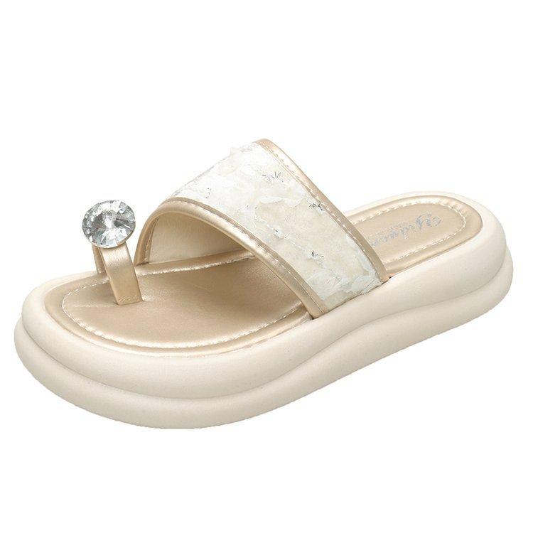 

Thick-soled slippers outer wear 2025 new rhinestone flat heel flat bottom one-word drag fashion high-end casual toe slippers 40