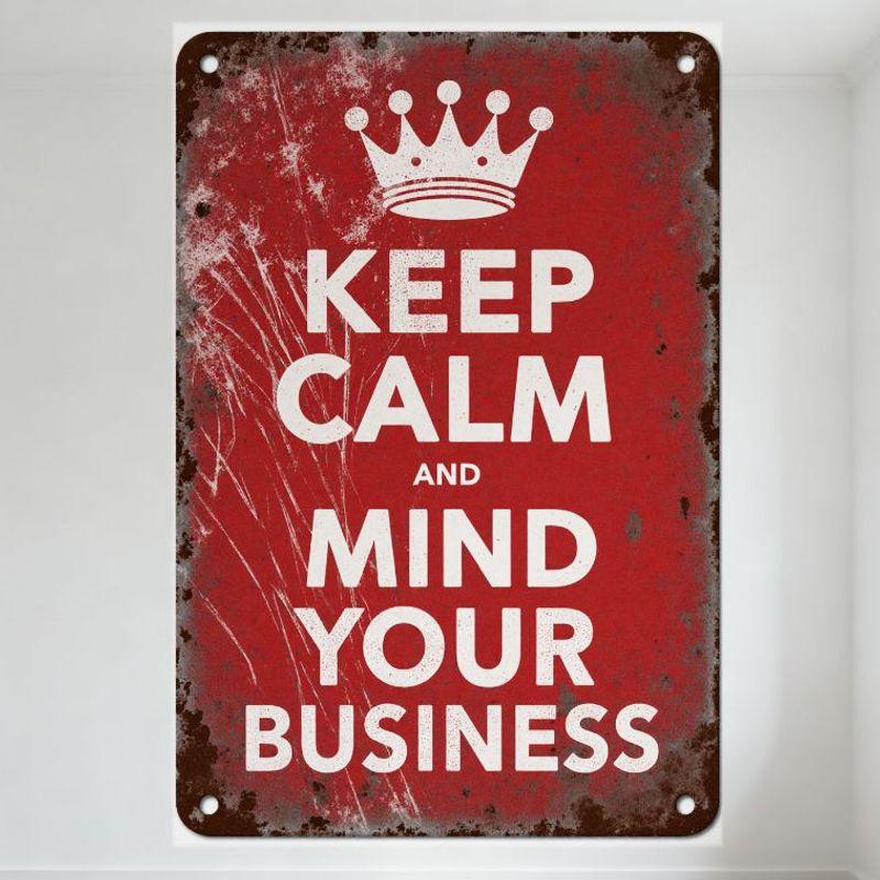 

Vintage Keep Calm and Mind Your Business Metal Tin Sign with Crown, Distressed Rusty Edge Home Decor for Bar Café Man Cave Wall 20x30cm（7.8x11.8inch）