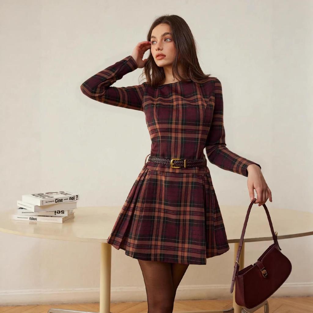 2026 Spring/Autumn Women's Elegant Plaid Long Sleeve Round Neck Dress for Dates