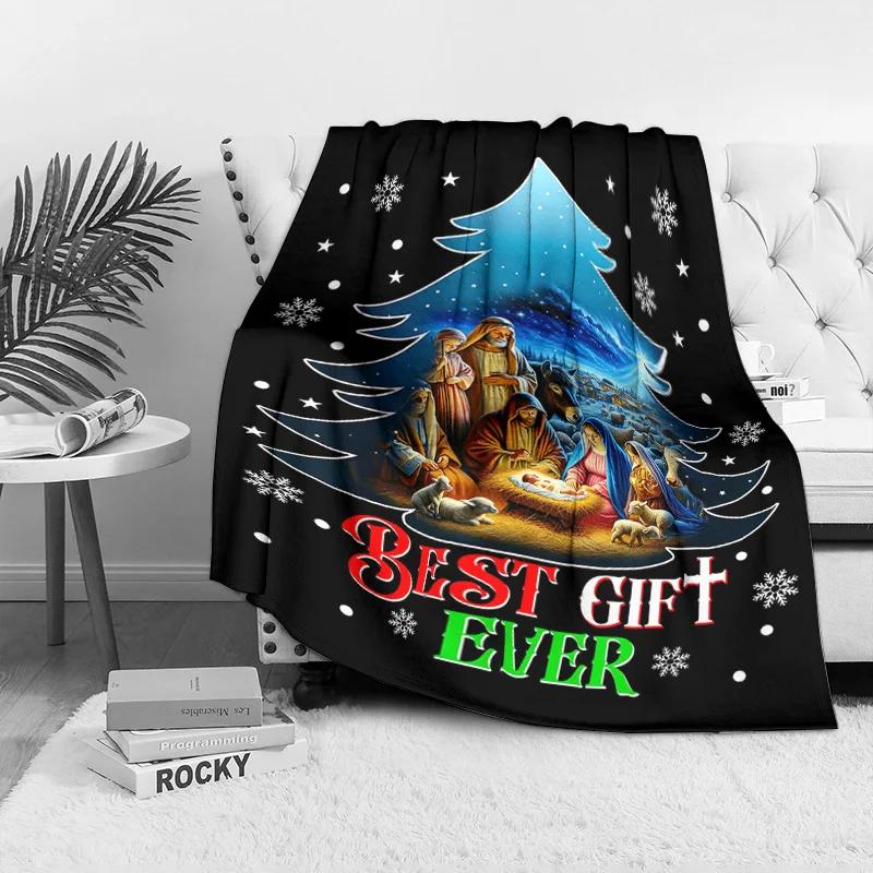 Religious Nativity Scene Fleece Blanket, Christmas Tree with Holy Family Design, Best Gift Ever Text for Meaningful Decor 75x90cm