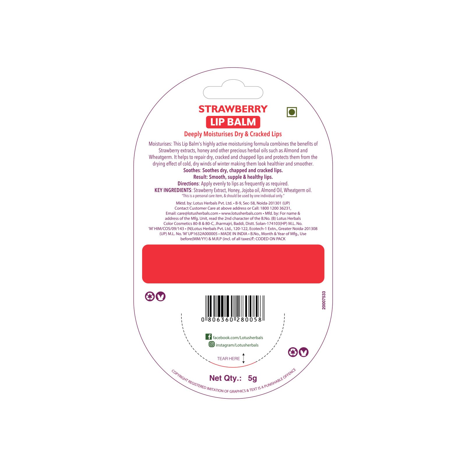 Lotus Herbals Lip Balm | Strawberry | 5g