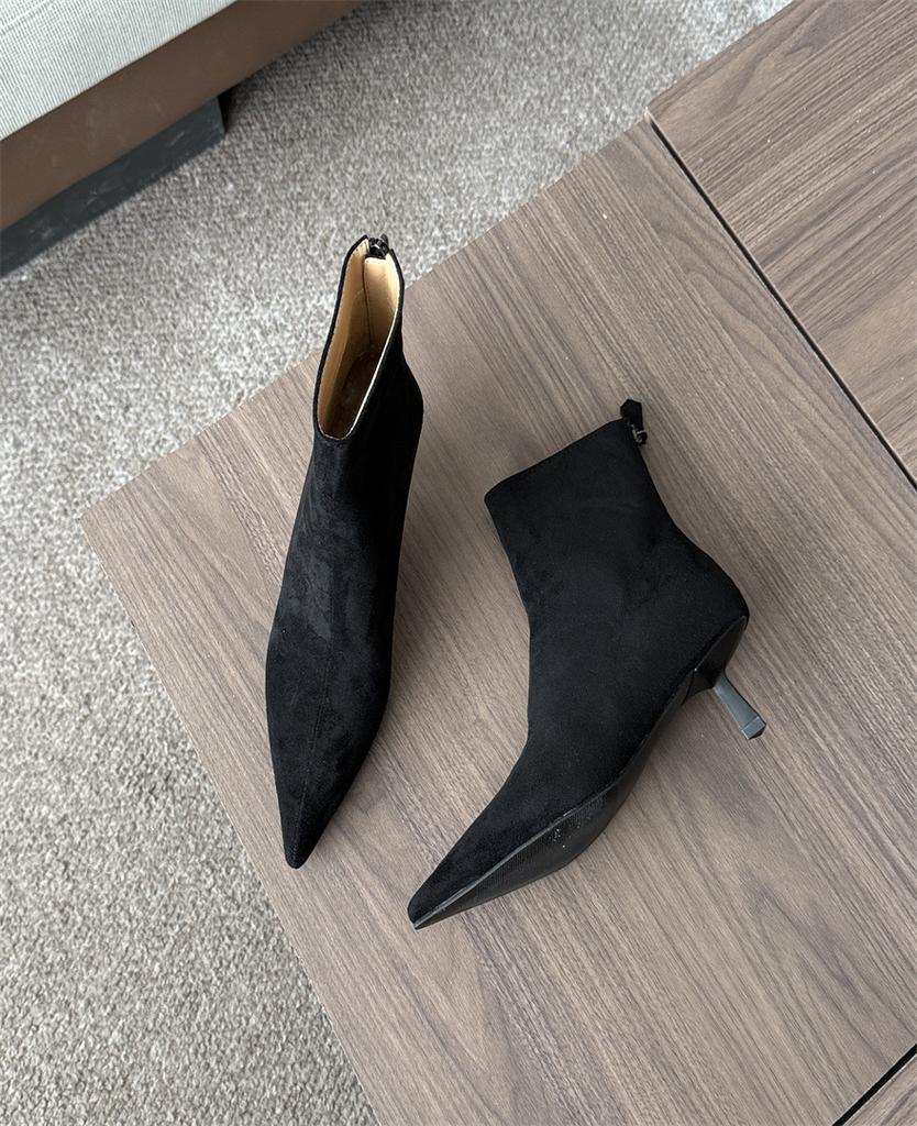 Thin Heel Suede Pointed Short Boots Women's 2025 Autumn and Winter New Korean Version Thin Boots Socks Boots Women's Boots Zipper Elastic Boots