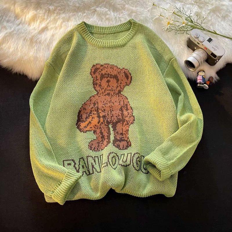 

Милый свитер с медведем для мужчин, осень-зима, одежда Y2k, корейский стиль, большой вязаный свитер, пара, пуловер Harajuku, повседневные свитера 2XL зелёный