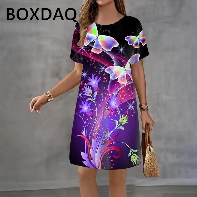 Colorful Butterfly Floral Print Mini Dress Round Neck Short Sleeve Casual Mini Dress Women Summer Dresses