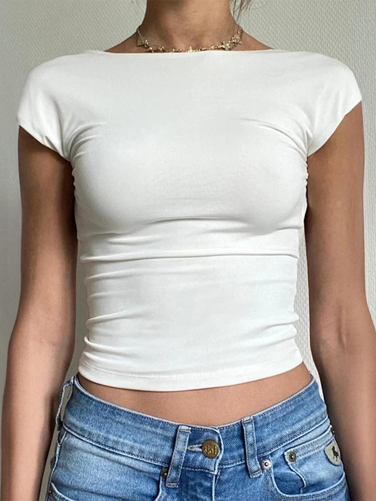 Top da Donna Y2K Sexy Senza Schiena a Manica Corta Monocolore per Primavera/Estate 2026
