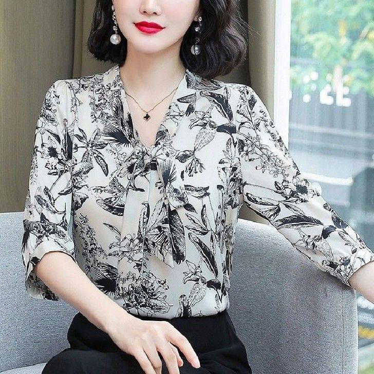 

Летняя элегантная рубашка с рукавами 3/4 с принтом, женская одежда, свободная шифоновая блузка с v-образным вырезом, расшитая бисером для женщин M