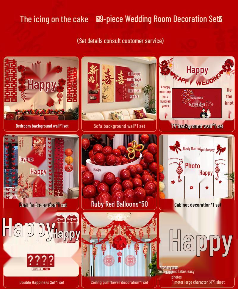 Bridal Bedroom & Living Room Decoration Set: Double Happiness Wall Stickers for Newlyweds