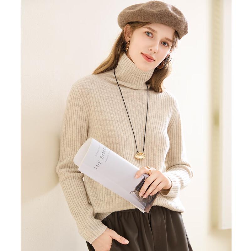 TUHUANG Women's Ribbed Wool Cashmere Turtleneck Sweater