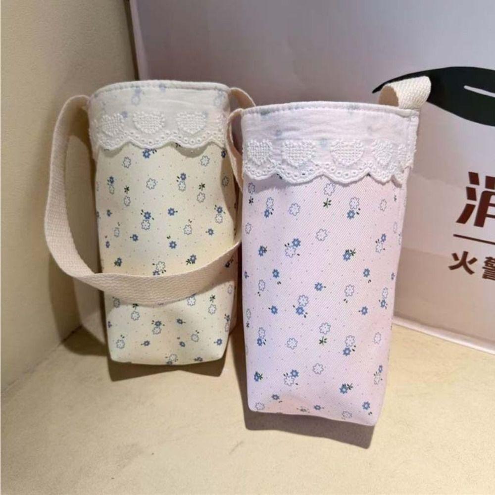 Lace Trimmed Water Bottle Cloth Bag Portable Lightweight Water Bottle Holder Handheld Floral Print Water Cup Sleeve for Students
