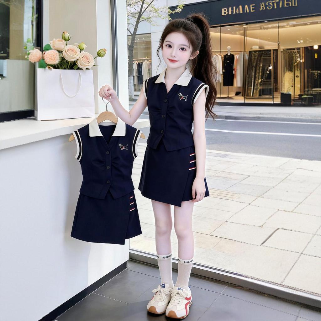 Koreanischer Stil Baby Mädchen Ärmellose Weste mit Polokragen & Rock Set