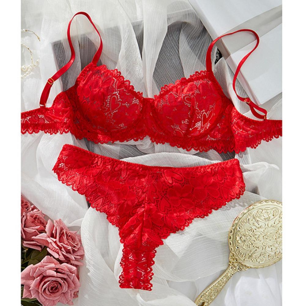 

Большое красное сексуальное кружевное нижнее белье Женское кружевное нижнее белье Чистое желание Сексуальный летний бюстгальтер Женский сексуальный комплект с прикрытием для груди XL красный