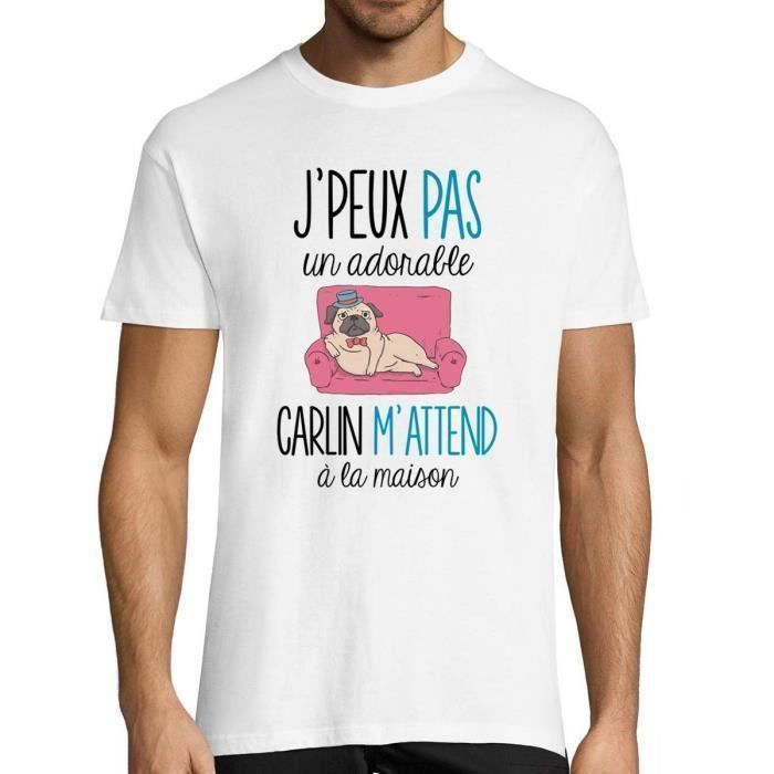 T-shirt Homme - Carlin 'Désolé je peux pas' - Col Rond - Manches Courtes - Coton Blanc