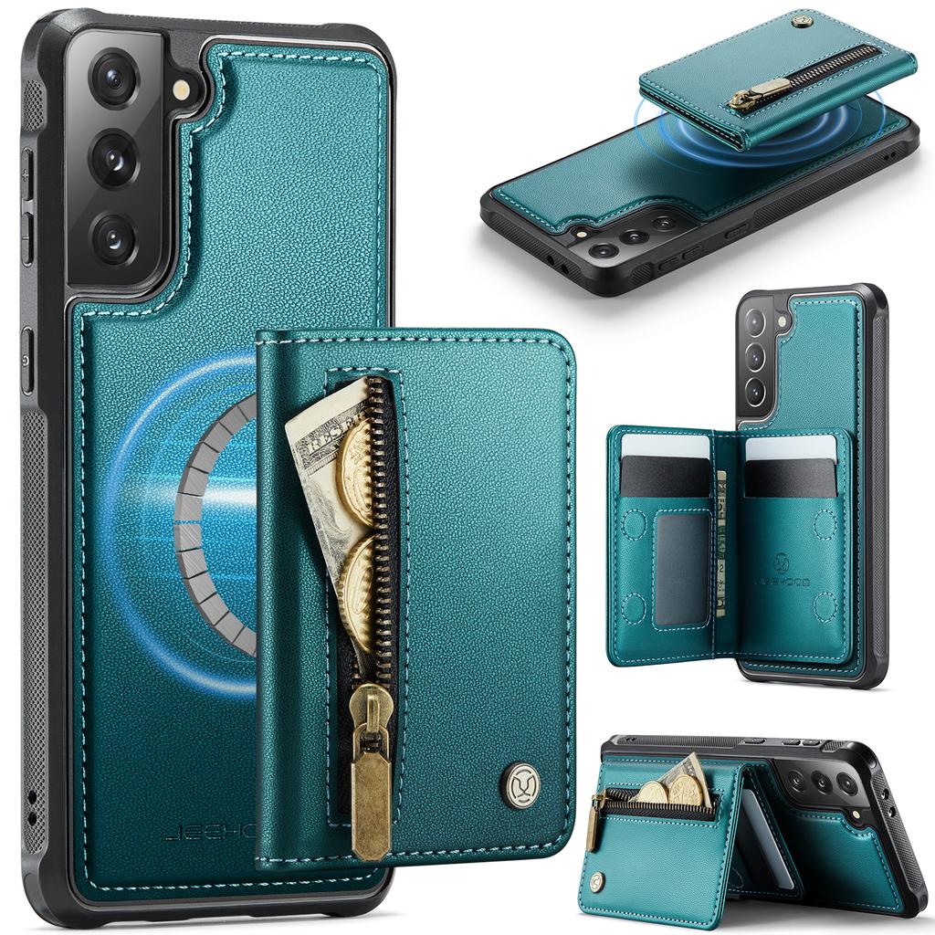 For Samsung Galaxy S21 5G Case JEEHOOD J12 Magnetic Detachable Zipper Wallet Kickstand Leather Back Cover Magnetic Case