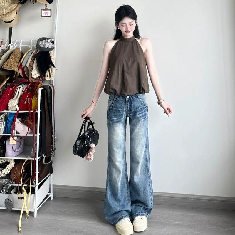

American-Style Small Retro Low Waist Denim Women s Summer Loose Feeling Loose Design Straight-leg Mop Pants Blue pants 155-165 XL