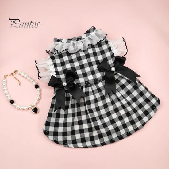Cat Bowknot Dress Dog Round Neck Lace Patchwork Fake Pearls Decor Pet Plaid Print Princess Daily Wear