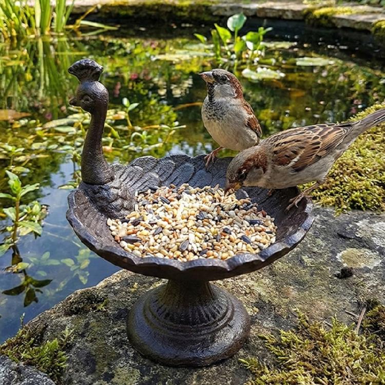 Elegant Peahen Theme Cast Iron Bird Feeder Feeding Station For Garden Landscaping And Wildlife Bathing and Resting