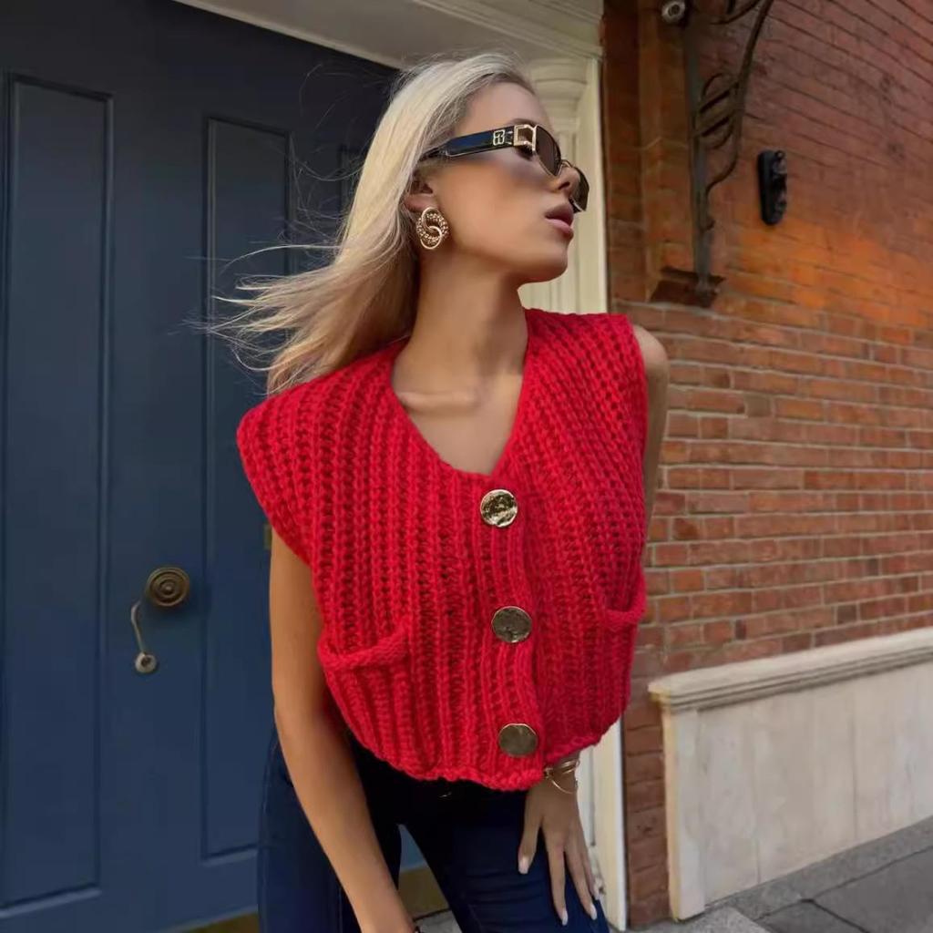 Women's V-Neck Chunky Knit Sleeveless Cardigan Vest - European & American Style, Autumn/Winter 2025