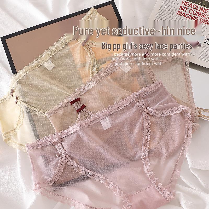 Soft & Cute Cheongsam: Sexy Lace Plus Size Women's Panties with Double Bow, Ice Silk Mesh, Mid-Low Waist.