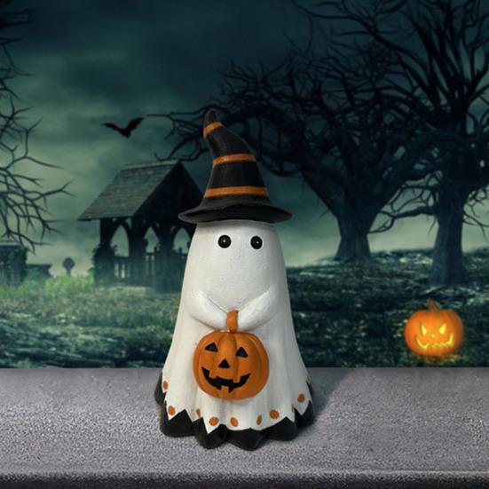 Halloween Ghost Statue Small White Ghost with Pumpkin Figurine Cute Ghost Resin Tabletop Ornament for Indoor Outdoor Halloween Decor