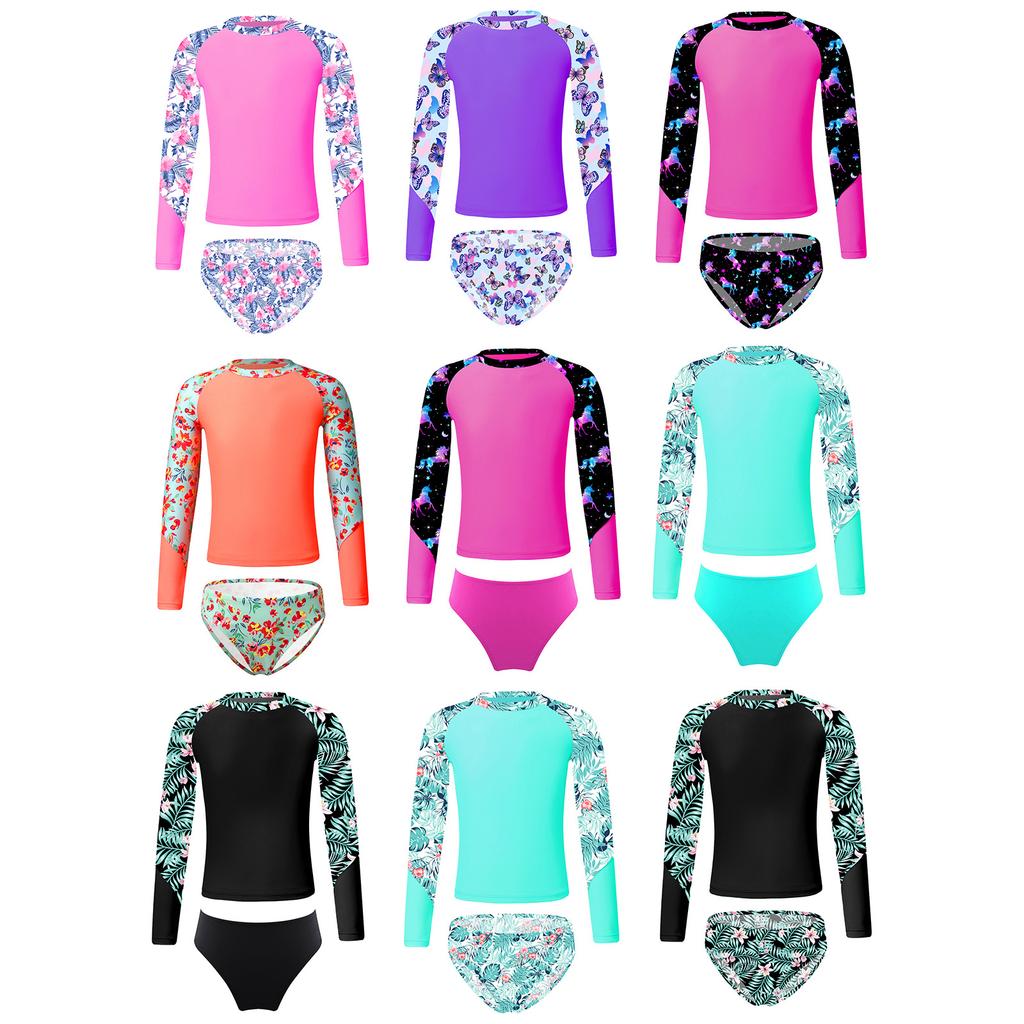 Girls Long Sleeve Swim Set Printed Mock Neck Rash Guard Top Swim Briefs UPF 50 Sun Protective Beach Pool Outfit