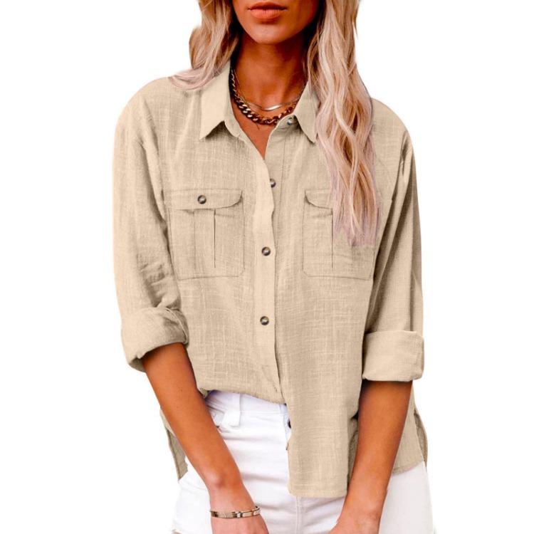 Women Casual Large Size Autumn Fashion Long Sleeve Solid Color Button Shirt Loose
