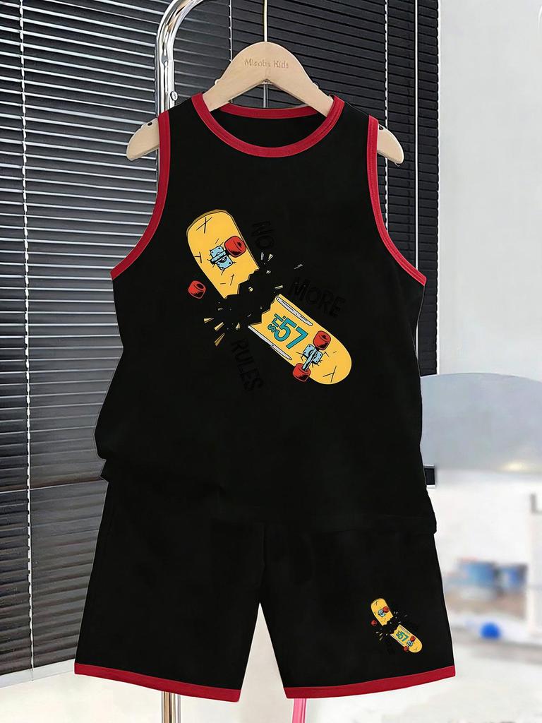 Boys rebellious broken skateboard graphic vest shorts. Creative trendy print, comfy loose fit for personalized street fashion.