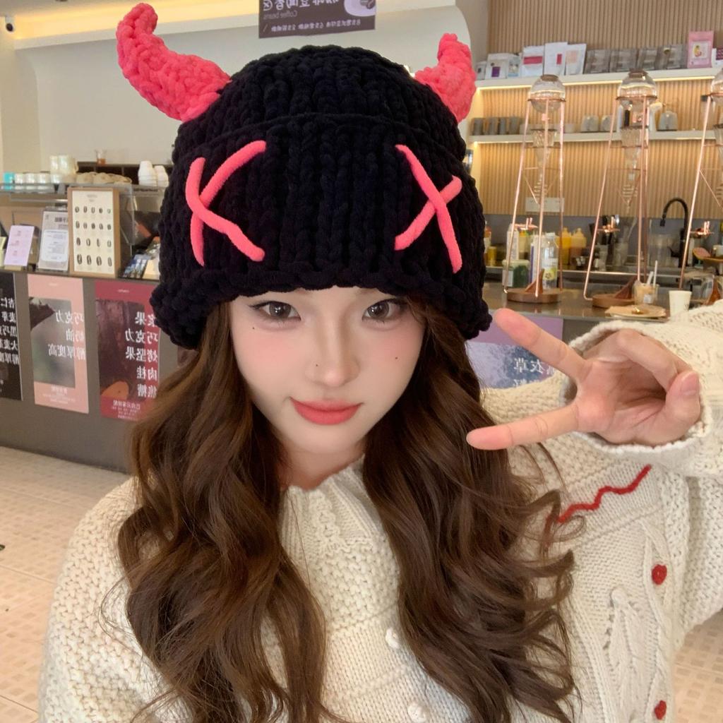 Little Devil Funny Horn Knitted Hat Female Yabifeng Halloween Headhat Autumn and Winter Warm Handmade Wool Hat
