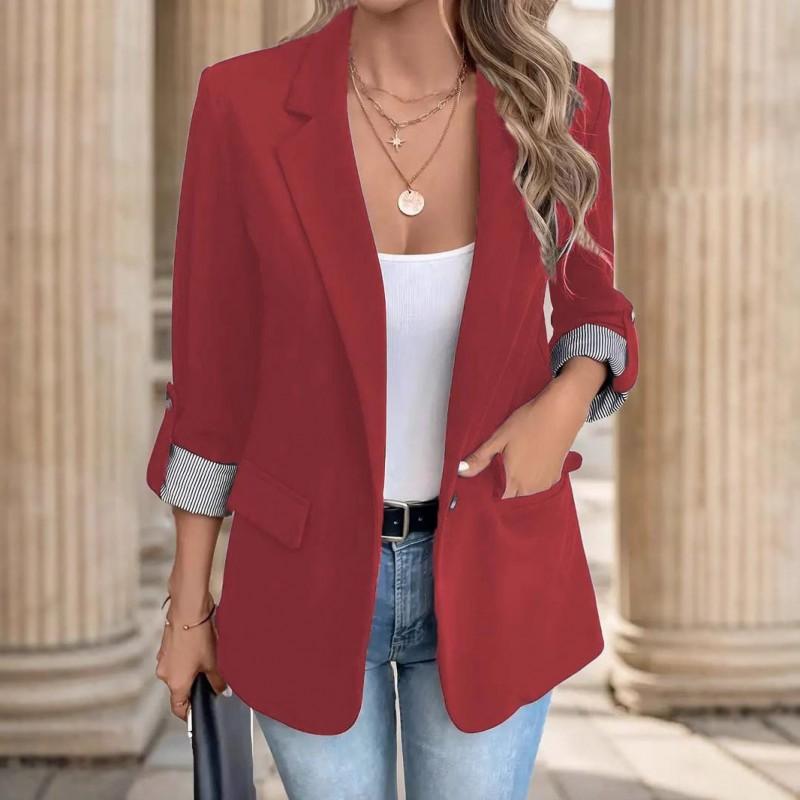 Blazer Décontracté Coupe Ajustée pour Femmes avec Manches 7/8 Relevables Bouton Unique Tissu Acétate Style Chic de Bureau