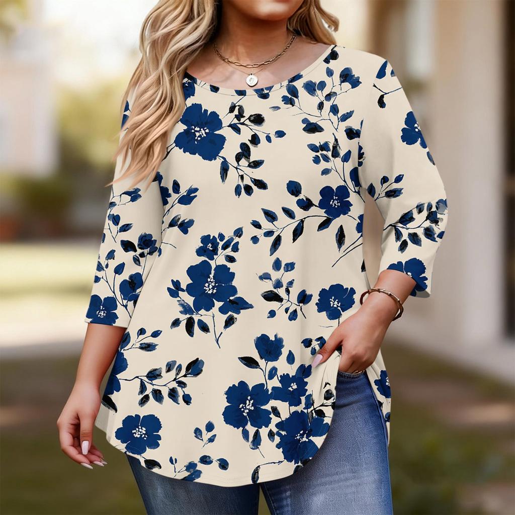 Women's Fashionable Casual Floral Print Plus Size Three-Quarter Sleeve Round Neck Top With Curved.