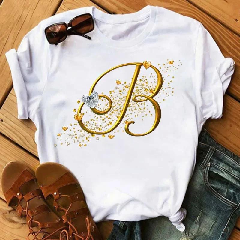 A letter combination Tshirt with a custom name suitable for short sleeved women's clothing with gold diamond letter font ABCDEF