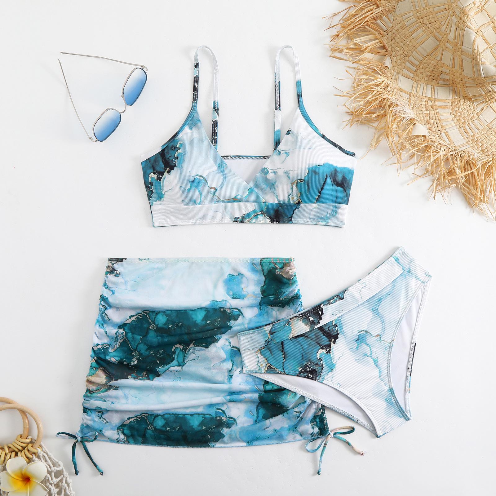 

Женское модное бикини из трех частей с принтом и юбкой со сборками Medium синий