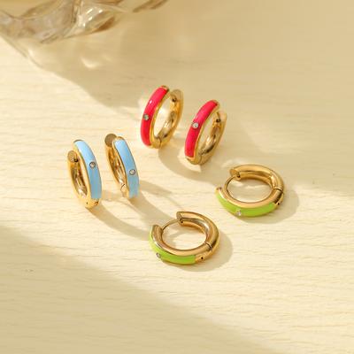 GEMCHIC Women's Colorful Enamel Hoop Earrings with Zircon Geometric Stainless Steel Studs for Women