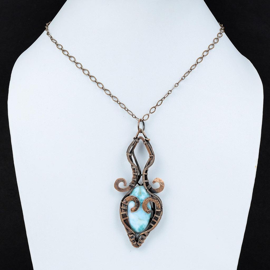 Larimar Anhänger Kupferdraht umwickelter Edelsteinanhänger Handgefertigter Drahtumwickelter Anhänger Larimar Kupferschmuck Hochzeitsgeschenk Ethnischer Stil Anhänger
