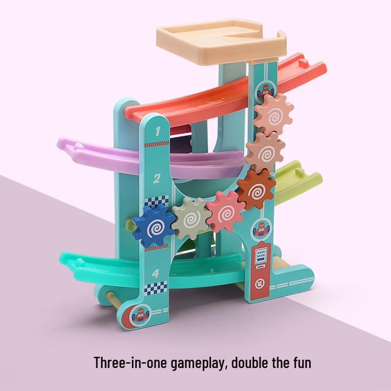 Children's Wooden Multi-Layer Racing Track Toy with Inertial Glider Cars