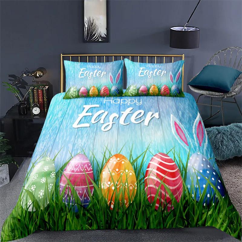 Juego de Ropa de Cama Suave con Huevos de Pascua Estampado 3D Dibujos Animados de Conejo Huevos Funda Nórdica Funda de Almohada de Poliéster Saludos y Regalos Para el Día de Pascua