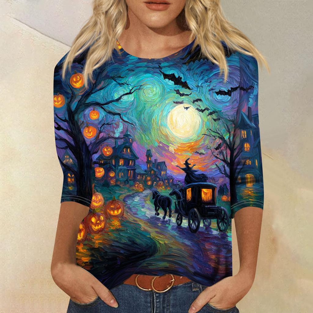Women Halloween Pumpkin Print 3/4 Sleeve Shirt Round Neck Loose Fit Casual T-Shirt Top for Fall Seasonal Wear