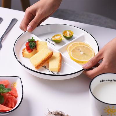 One Person Vegetable Plate Home Ceramic Cartoon Children's Divided Plate Three Panel Breakfast Plate with Separate Dishes