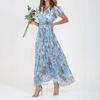 Women Beach Elegant Flower Long Dress Casual Ruffle Short Sleeve V-Neck Lace-up Party Dresses Boho Style High Waist Dress Female