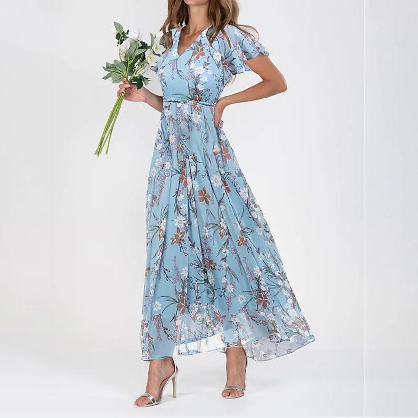 Women Beach Elegant Flower Long Dress Casual Ruffle Short Sleeve V-Neck Lace-up Party Dresses Boho Style High Waist Dress Female