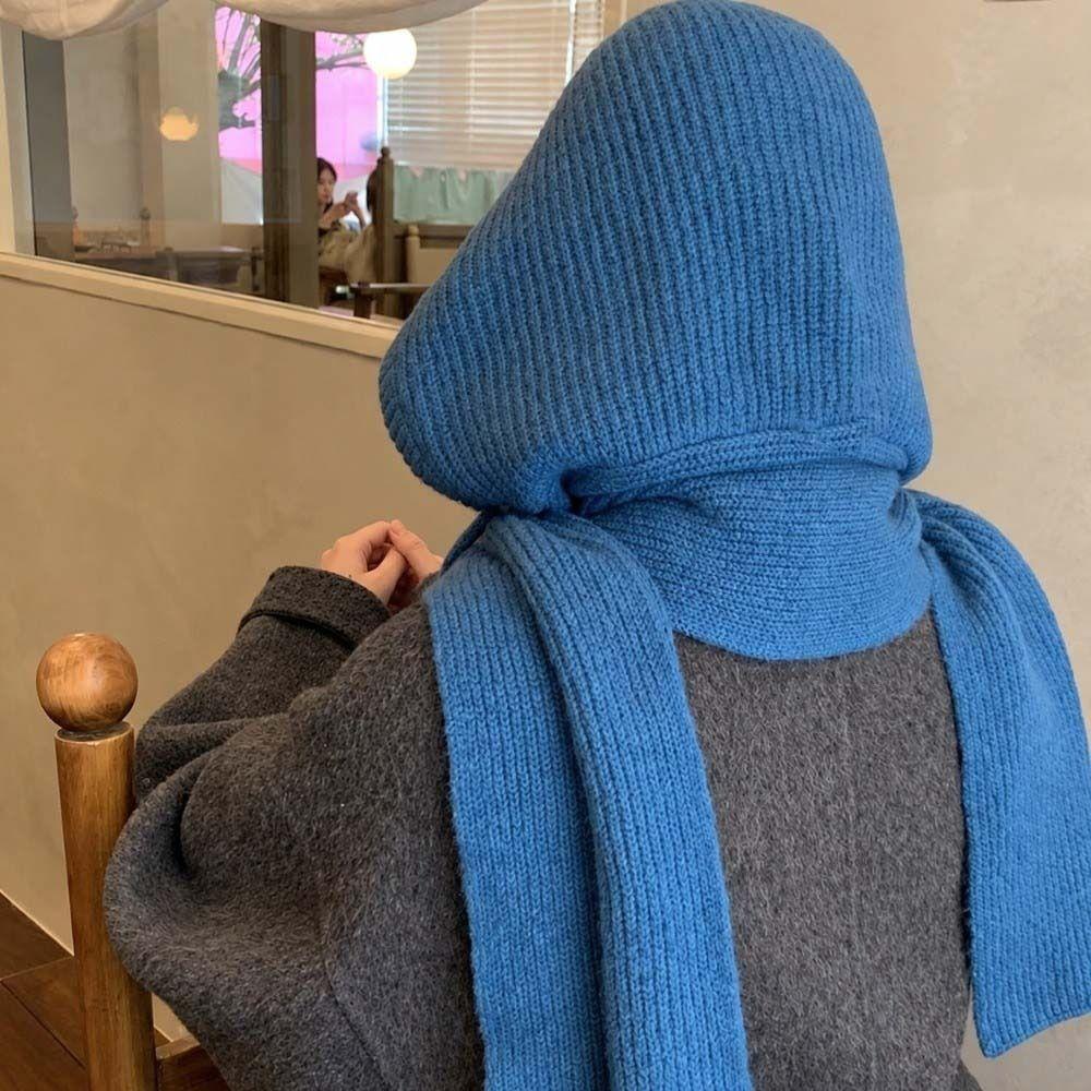 Korean Style Winter Balaclava Hat Solid Color Knitted Hooded Beanie Hood Scarf Combo Trendy Girls