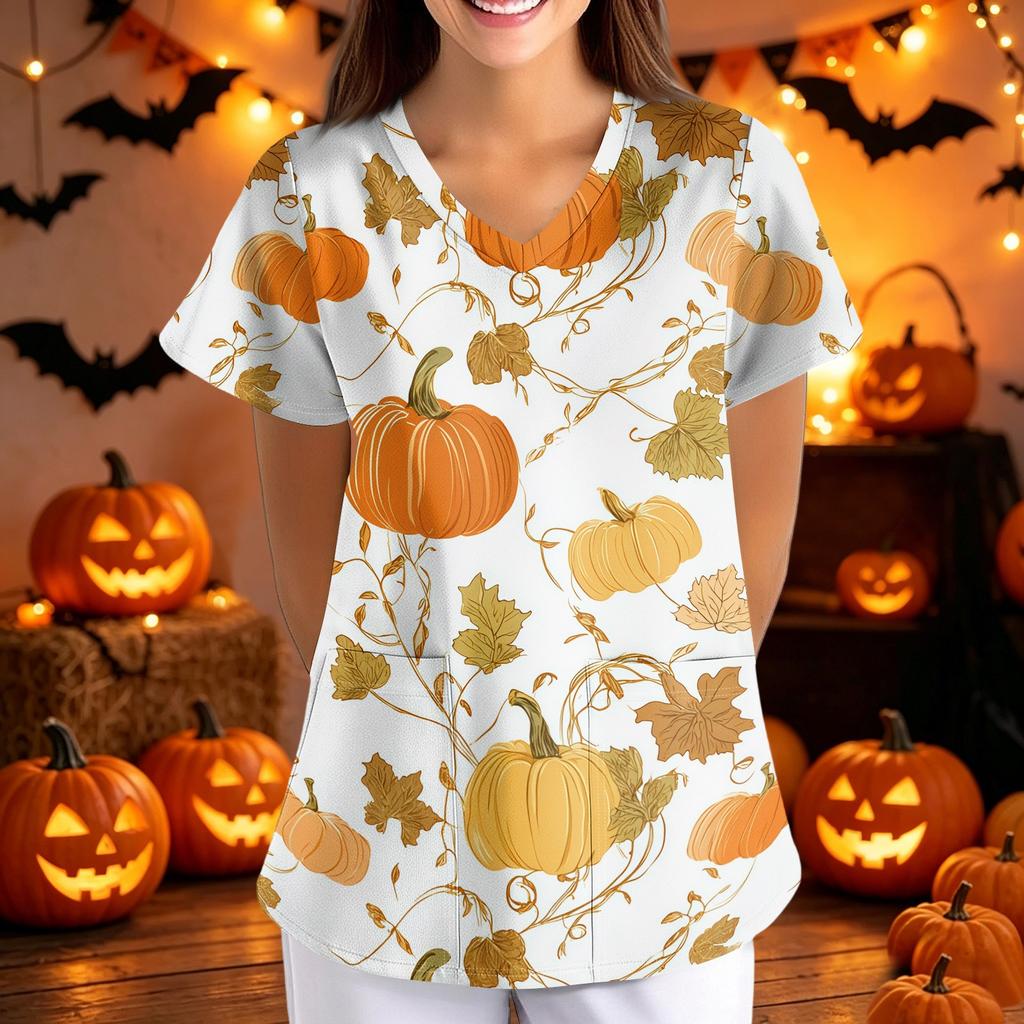 Womens Halloween Print Loose Fit V Neck Short Sleeve Medical Scrub Top Nurse Uniform with Pockets Lightweight Comfortable Workwear
