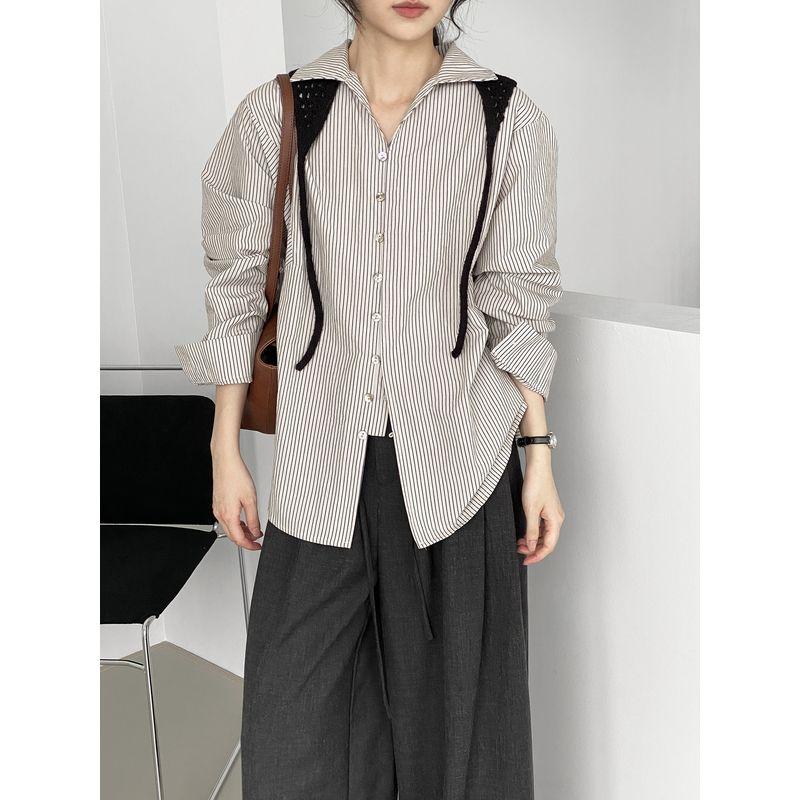 

Autumn New Korean Series Idle Style Retro Commuting Stripe Shirts Women Loose Profile Versatile Slimming Long sleeve Shirts Apricot Cafe One size