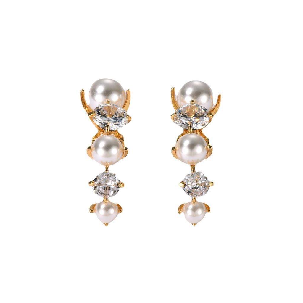 High Sense Light Luxury Temperament Brass Plated 18K Real Gold Inlaid Pearl Diamond Ear Buckle Earrings Fashion Earrings