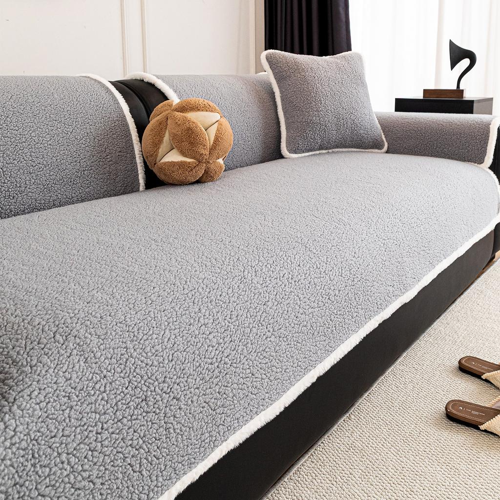 Warm Solid Sherpa Fleece Sofa Cover with Fluffy Binding, Non-slip Soft Sofa Towel Couch Cover For Living Room Winter Home Decor