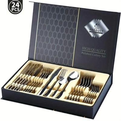 Juego de cubiertos de acero inoxidable de 24 piezas para 6 personas, apto para lavavajillas, con caja de regalo, elegante vajilla para cenar y entretenerse