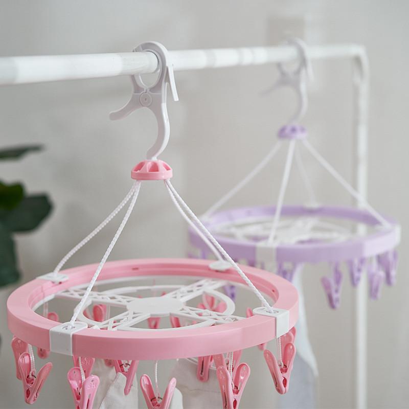 Durable Plastic Circular Hanging Drying Rack With 20 Clips For Socks Underwear Dorm Use