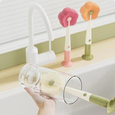 Suction Cup Base Three-in-One Cleaning Brush Removable Long Handle Mug Cleaning Scrubber Multifunctional Washer