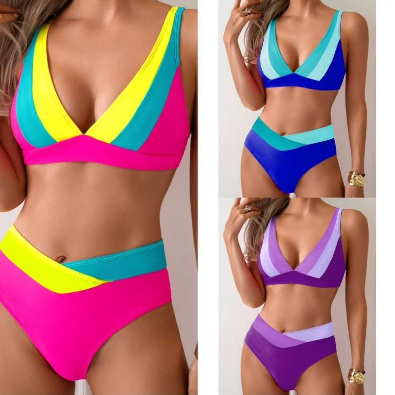Damen Sexy Farbblock Rückenfrei Hohe Elastizität Dreieck Bikini Badeanzug